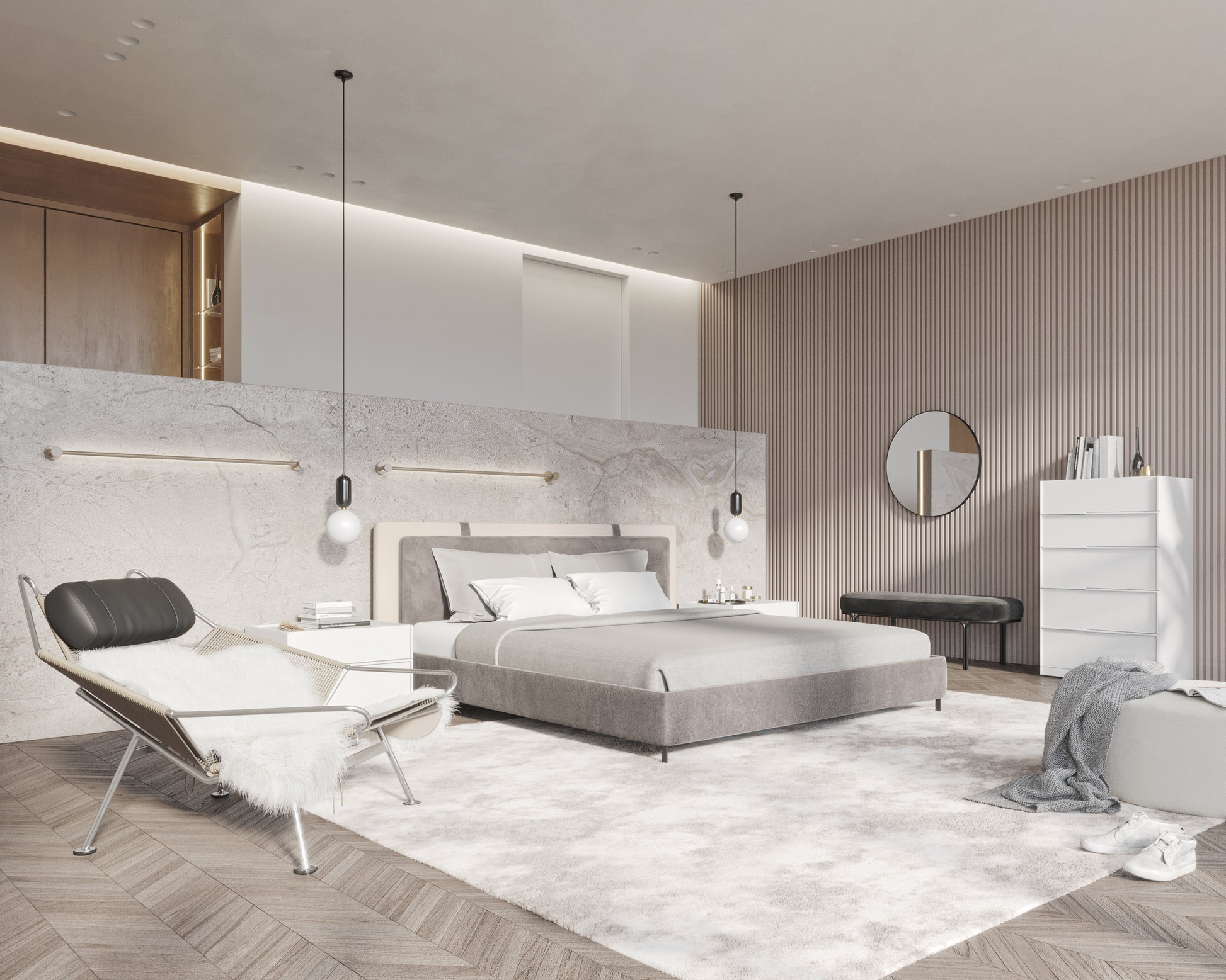 Abigail Bed -Milan Grey featuring Hunter Collection - White Glossy Lacquer and Angelo Bench is Black Velvet