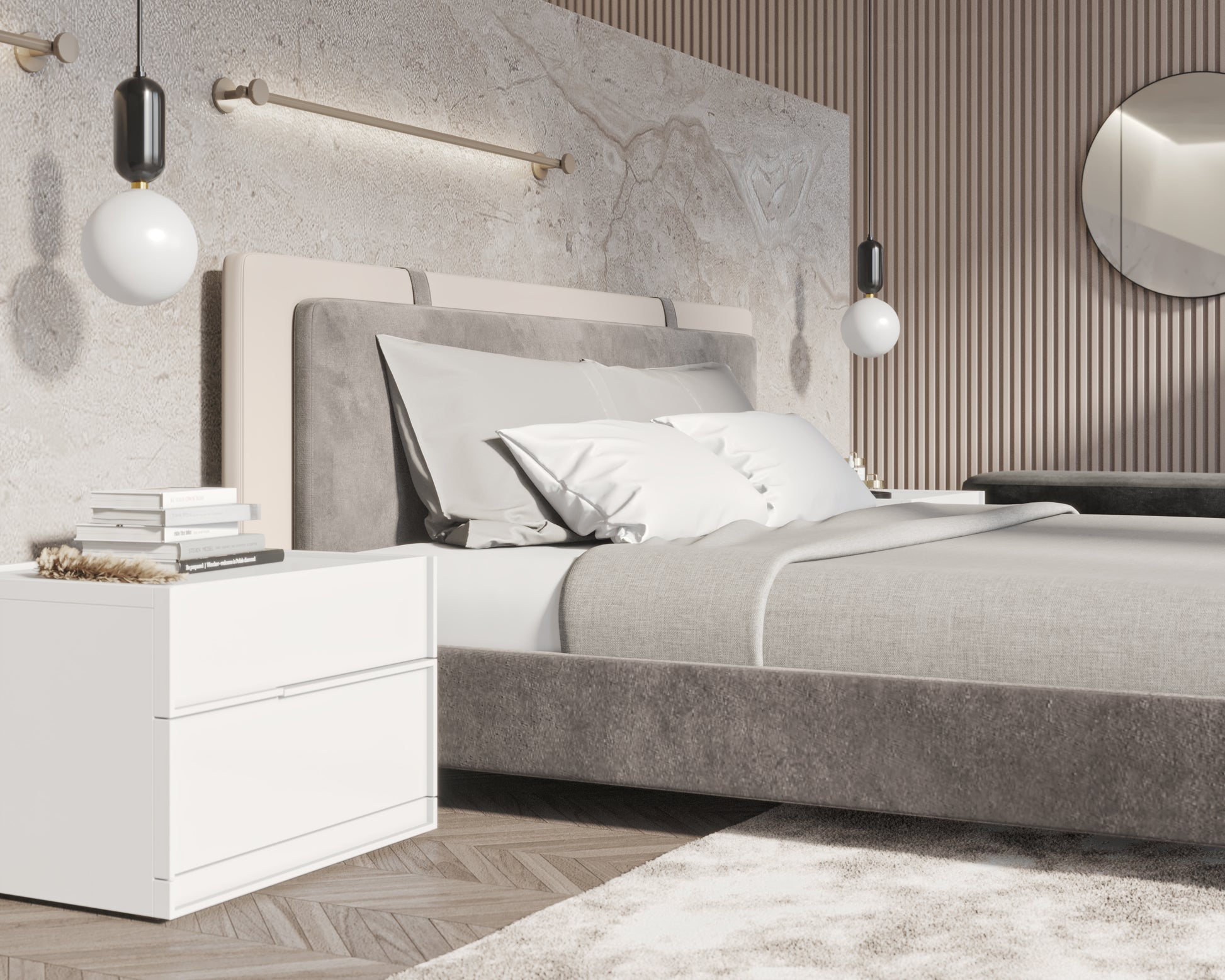 Abigail Bed -Milan Grey featuring Hunter Collection - White Glossy Lacquer and Angelo Bench is Black Velvet