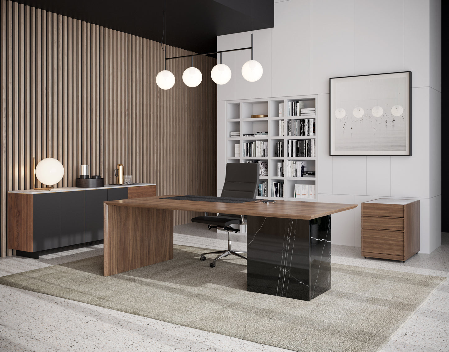 Gia desk scene featuring Augustus sideboard-white marble and Hunter storage unit