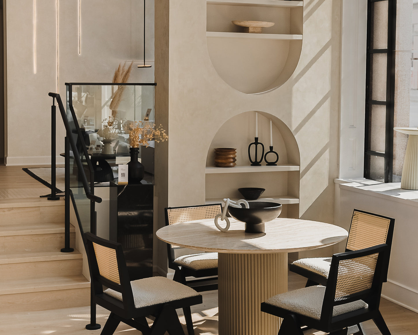Athena Dining Table Scene in White Travertine & alabaster