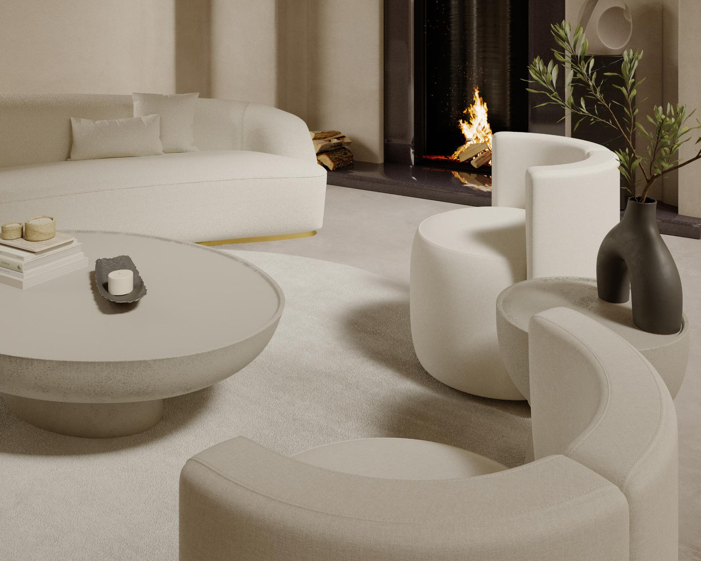 Reya Sectional Scene featuring Nova Lounge Chair, Asha Rug Round and Maria Coffee and Side Table