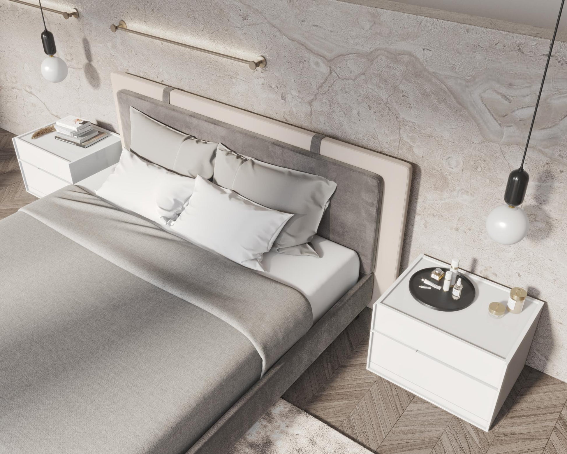 Abigail Bed -Milan Grey featuring Hunter Collection - White Glossy Lacquer and Angelo Bench is Black Velvet