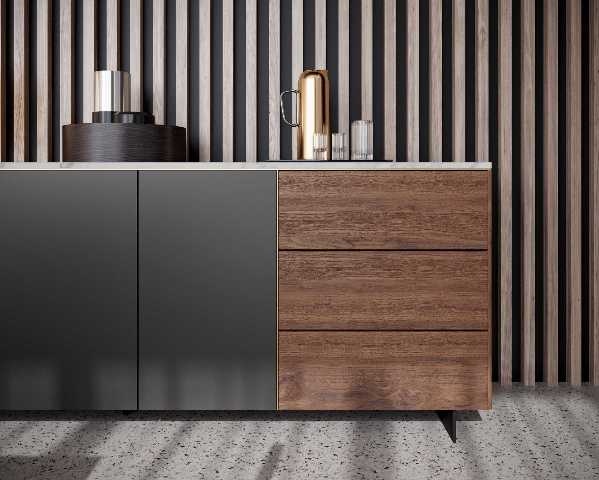 Gia desk scene featuring Augustus sideboard-white marble and Hunter storage unit