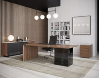 Gia desk scene featuring Augustus sideboard-white marble and Hunter storage unit