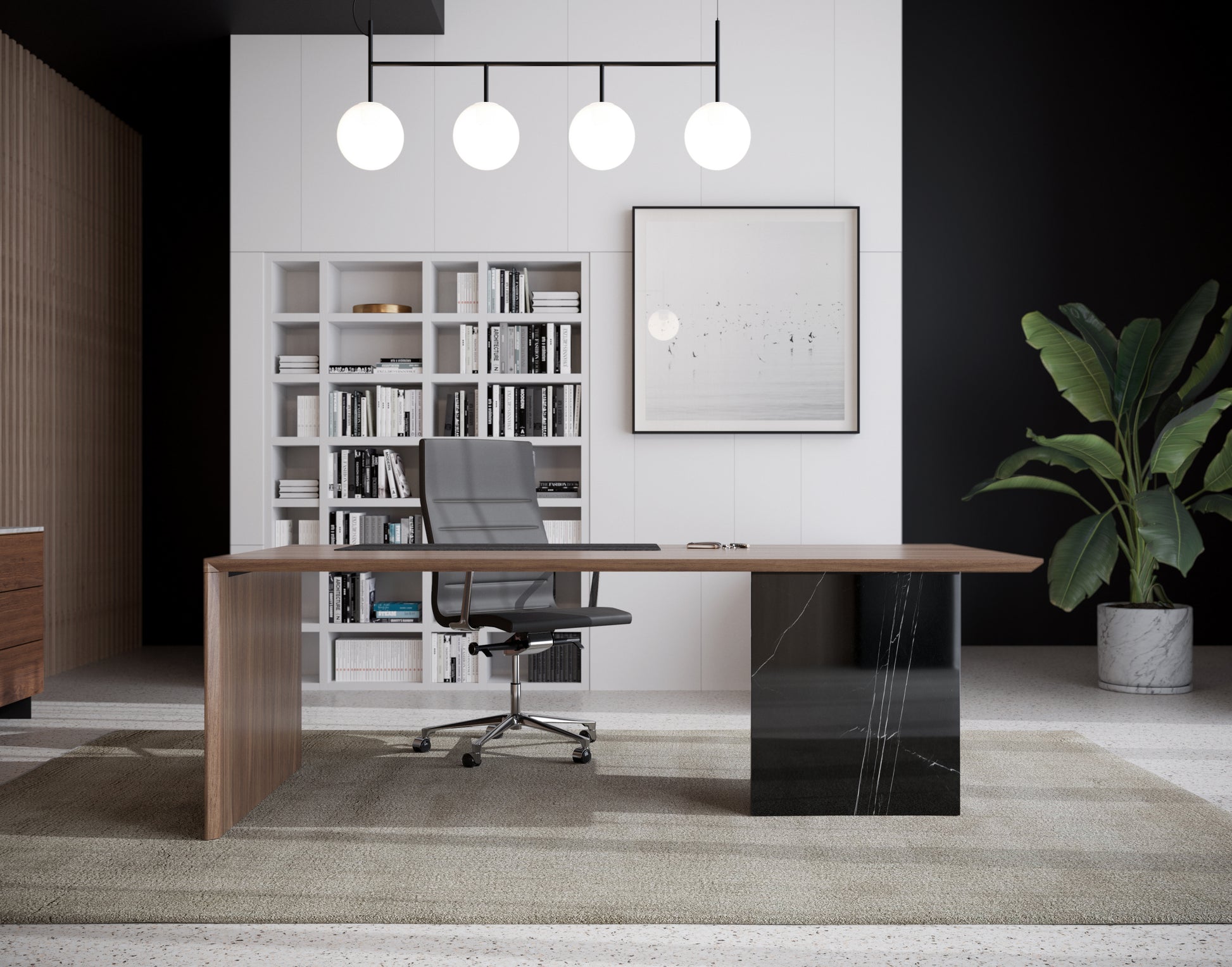 Gia Desk - Walnut Top - Black Marble Base Scene