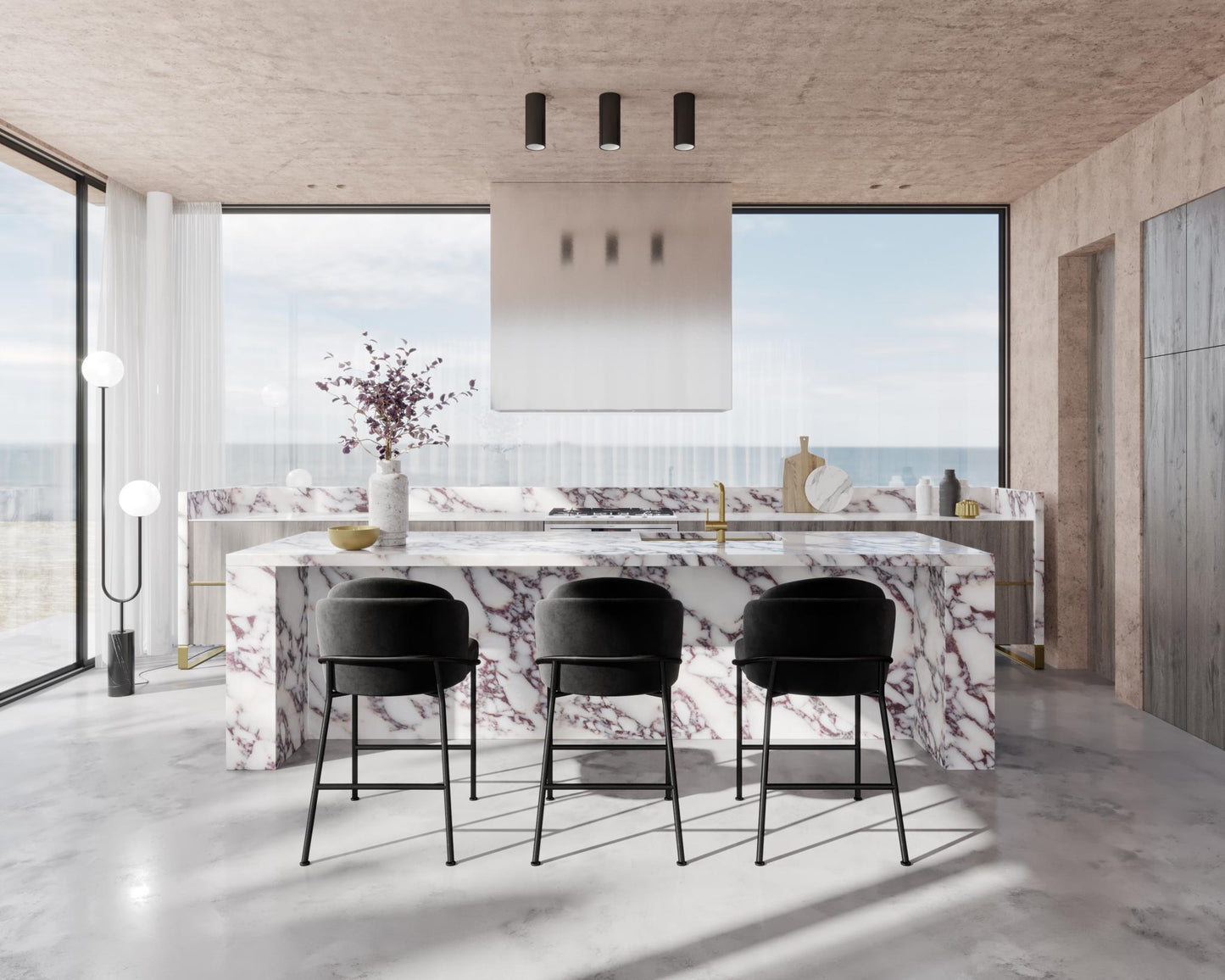 Uma Floor Lamp -Black featuring Angelo Counter Stools in black