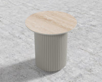 Athena Side Table - Alabaster Matte Lacquer, Travertine Ceramic, 22" | 55 cm