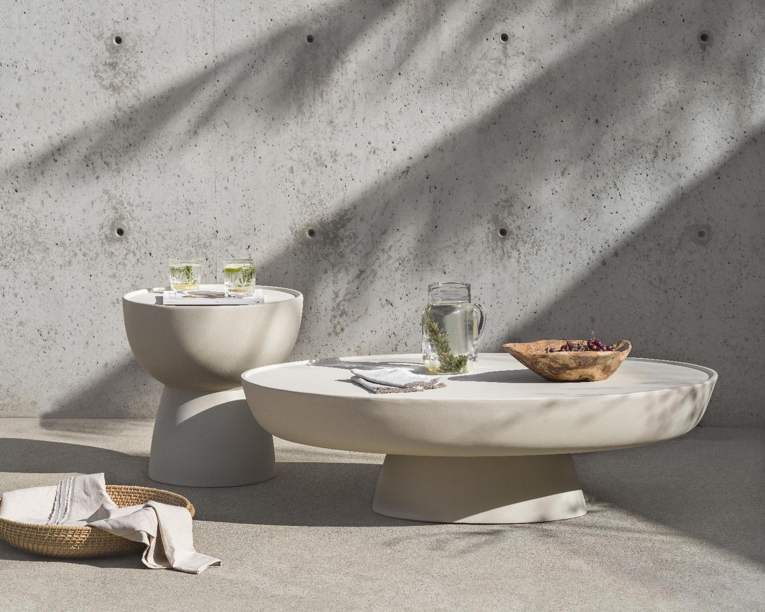 Maria Side Table and Coffee Table staged outdoors