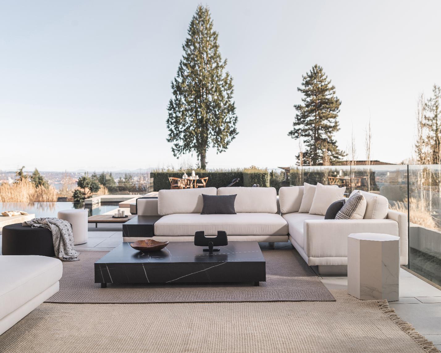 Dresden Outdoor Sectional Scene featuring Outdoor Liza Coffee Table and Nova Outdoor Poufs