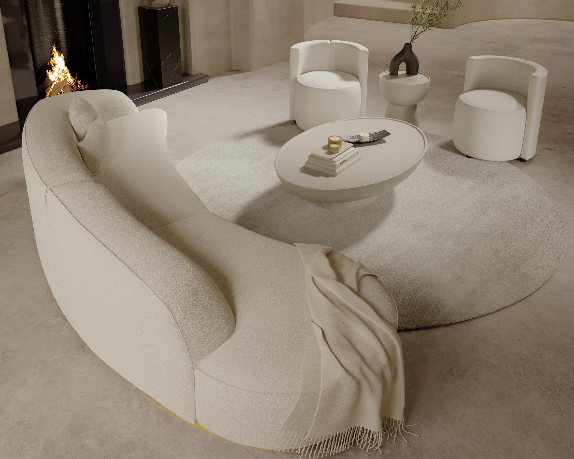 Reya Sectional Scene featuring Nova Lounge Chair, Asha Rug Round and Maria Coffee and Side Table