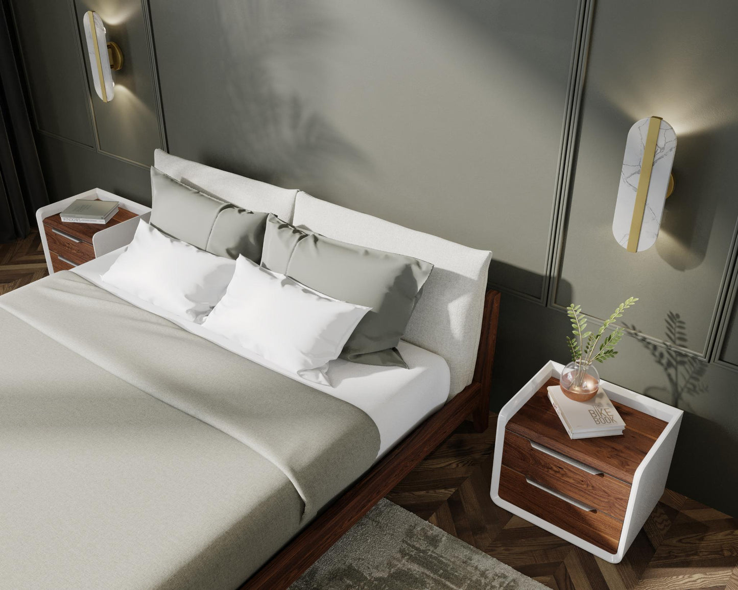 Mikkel Bed Scene -alesund/walnut. Featuring Grayson nightstand and Aubrey lounge chair. 