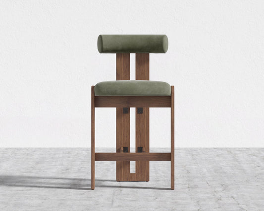 Tola Counter Stool - Walnut Stain, Venice Vegan Suede - Sage